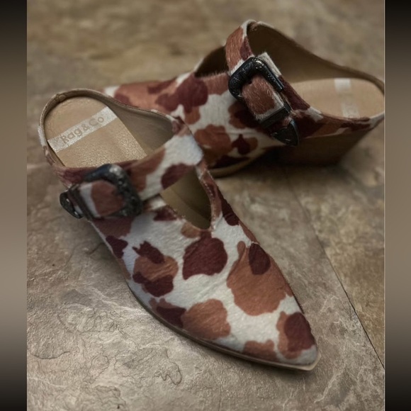 Rag & Co Shoes - Rag & Co Nometa Faux Cow Print Suede w/ Buckle Detail Mules